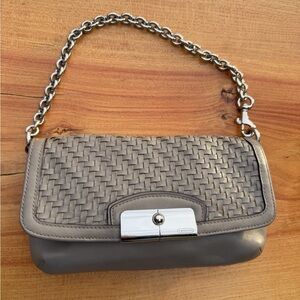Coach Woven Leather Shoulder Bag / Wristlet with Chain Strap - Taupe / Pewter